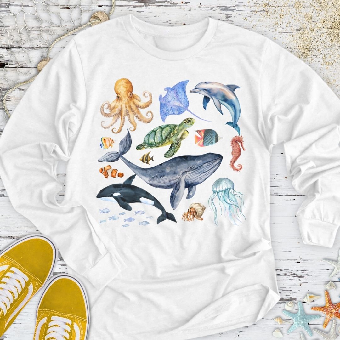 Watercolor Marine Animals Long Sleeve Tee
