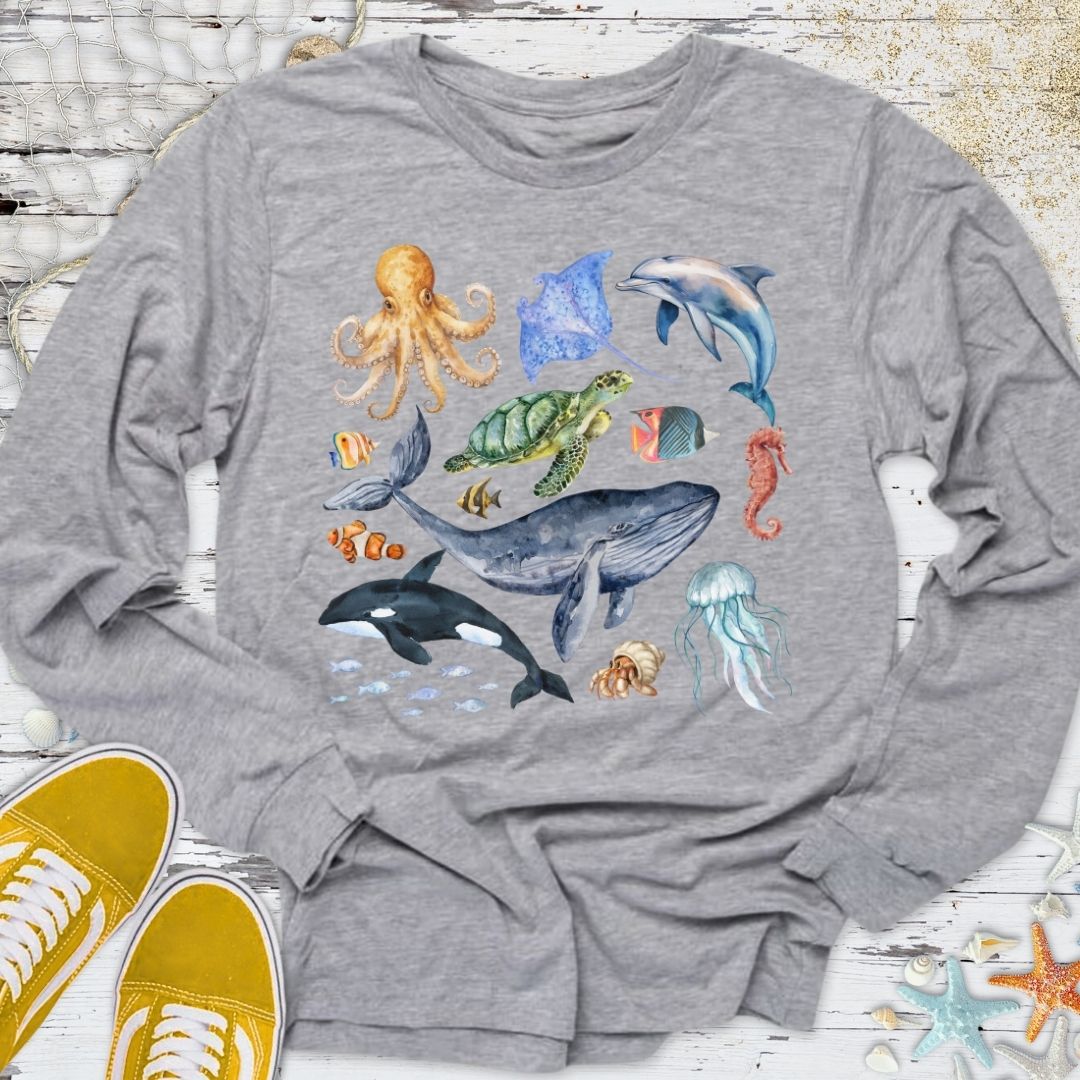 Watercolor Marine Animals Long Sleeve Tee