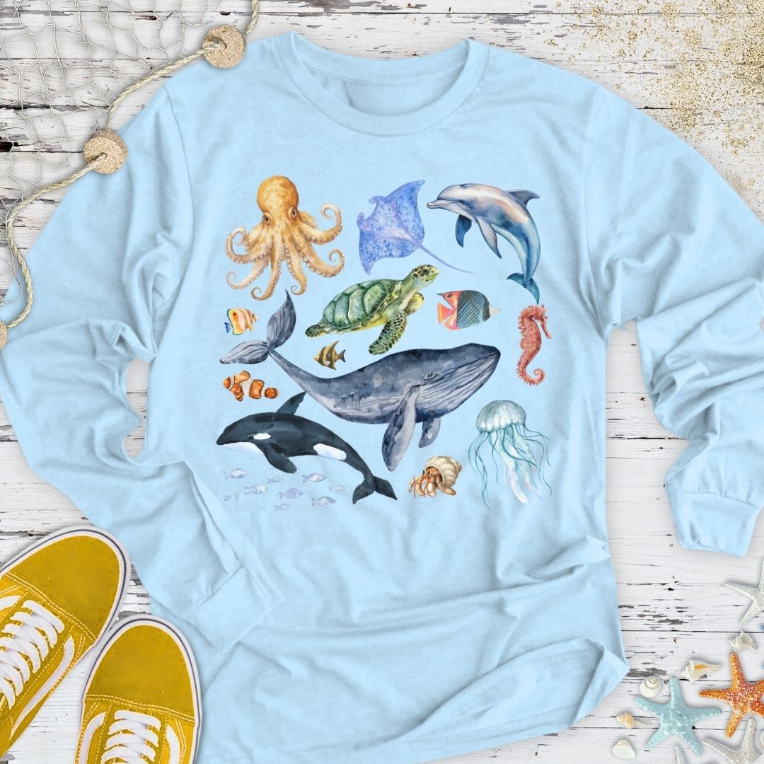 Watercolor Marine Animals Long Sleeve Tee
