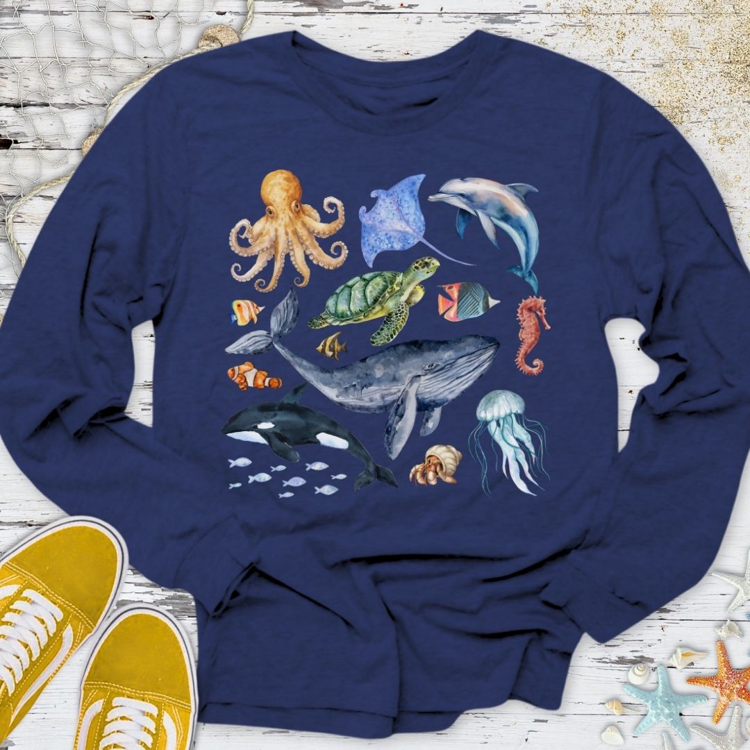Watercolor Marine Animals Long Sleeve Tee