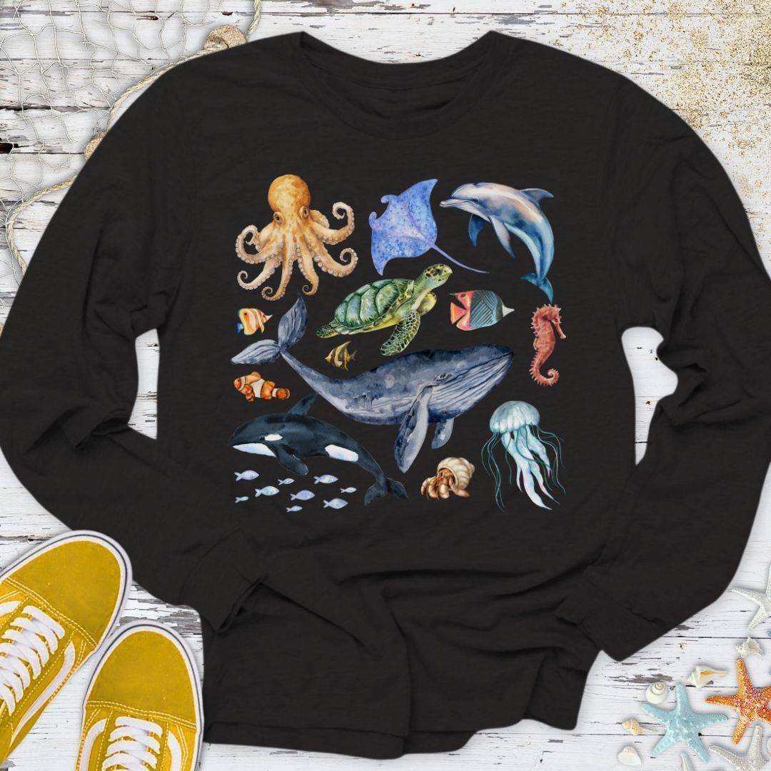 Watercolor Marine Animals Long Sleeve Tee