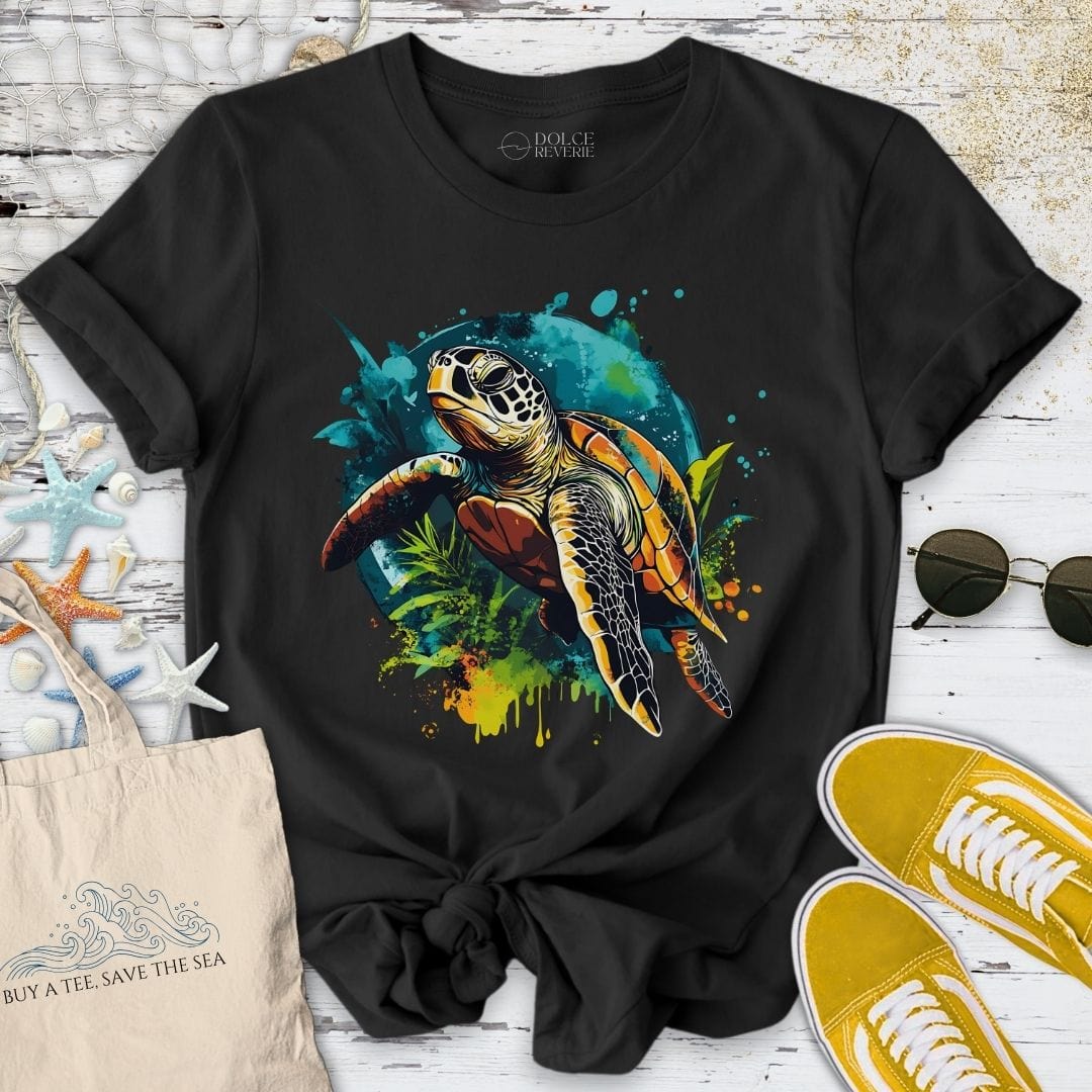 Colorful Swimming Turtle T-Shirt Black / S