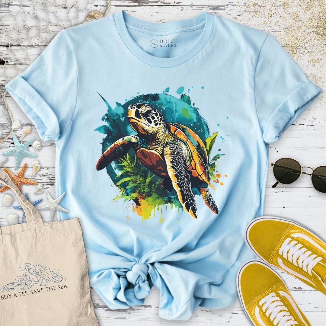 Colorful Swimming Turtle T-Shirt Light Blue / S