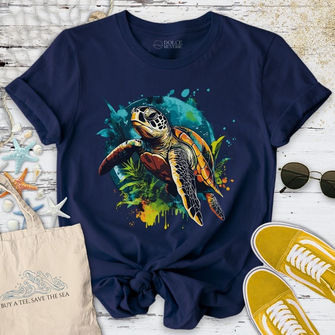 Colorful Swimming Turtle T-Shirt Navy / S