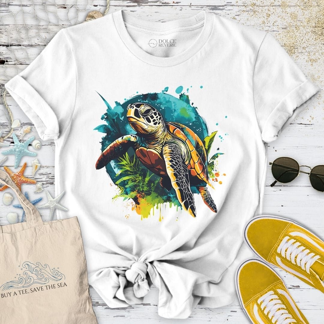 Colorful Swimming Turtle T-Shirt White / S