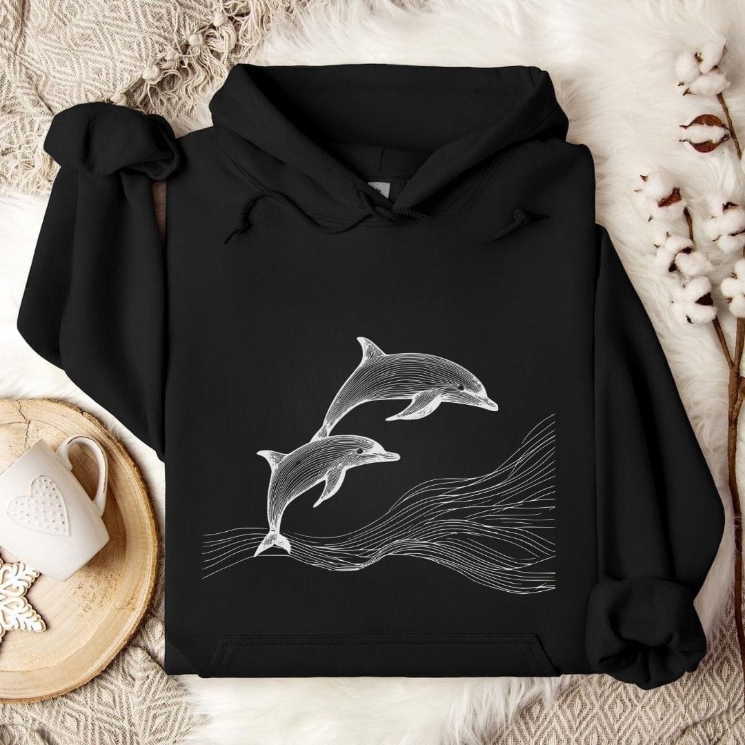 Dolphin Line Art Hoodie Black / S