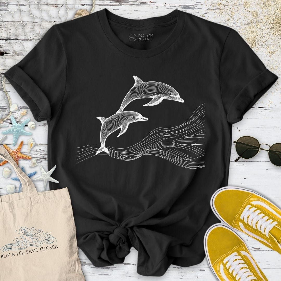 Dolphins Line Art T-Shirt Black / S