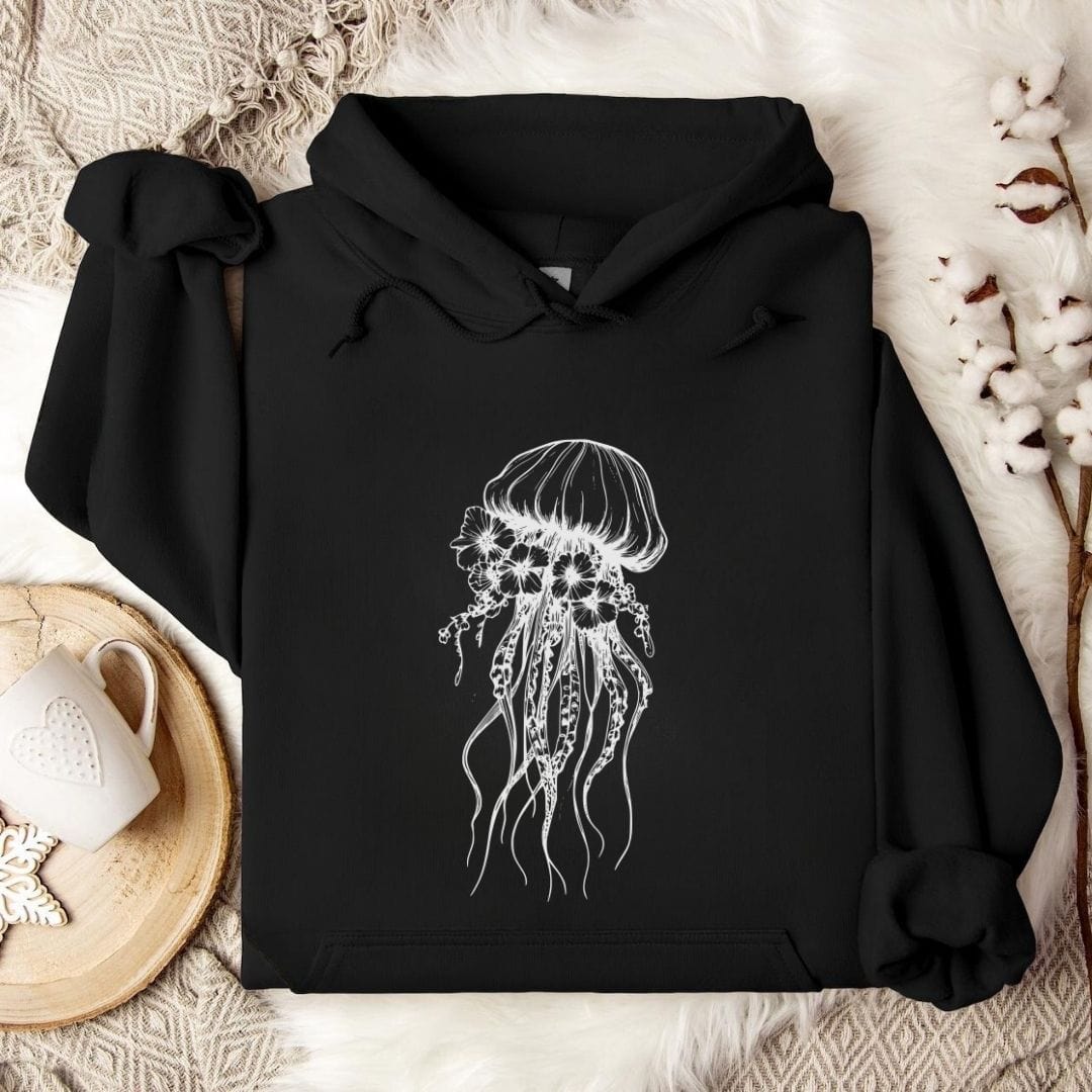 Floral Jellyfish Hoodie Black / S