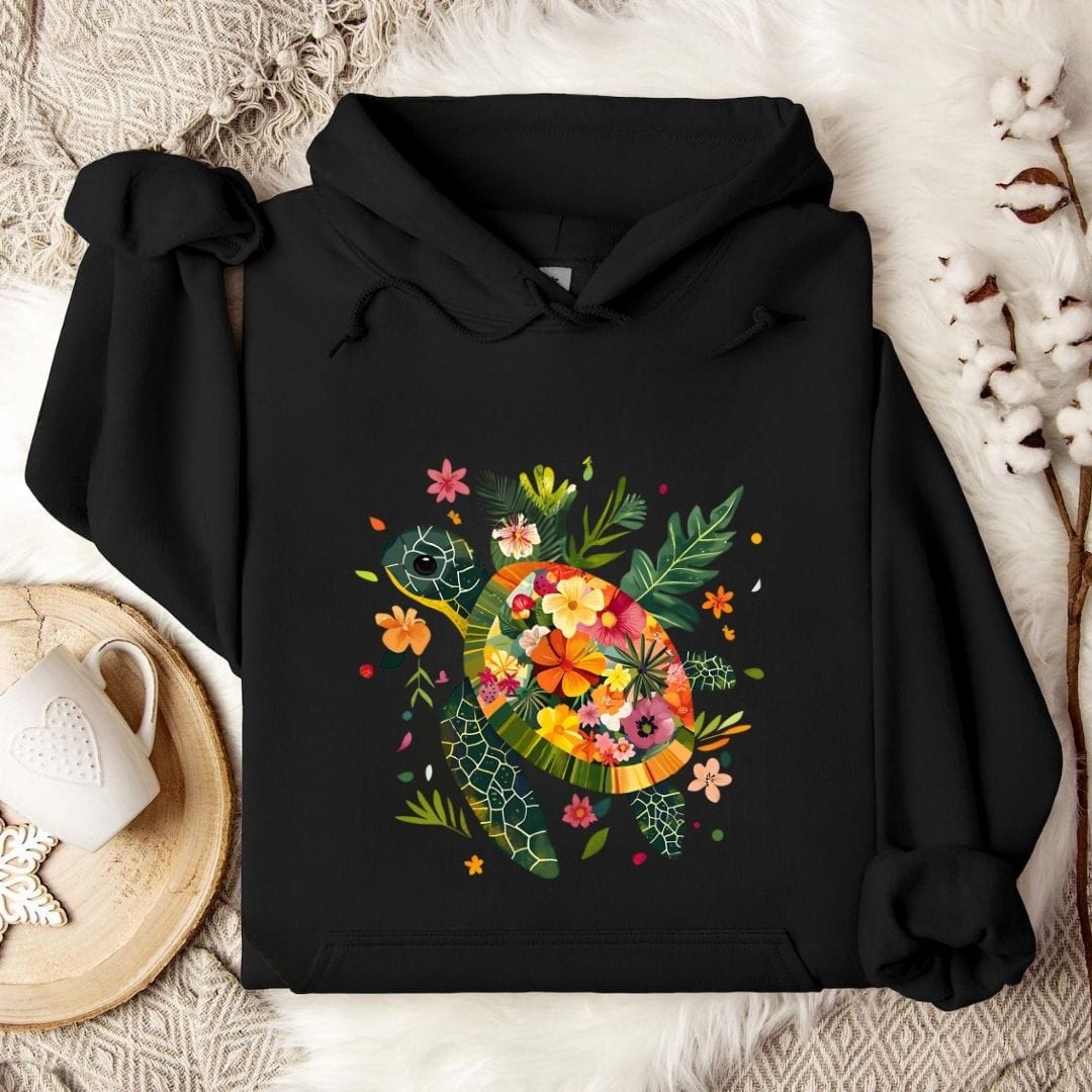 Floral Turtle Hoodie Black / S
