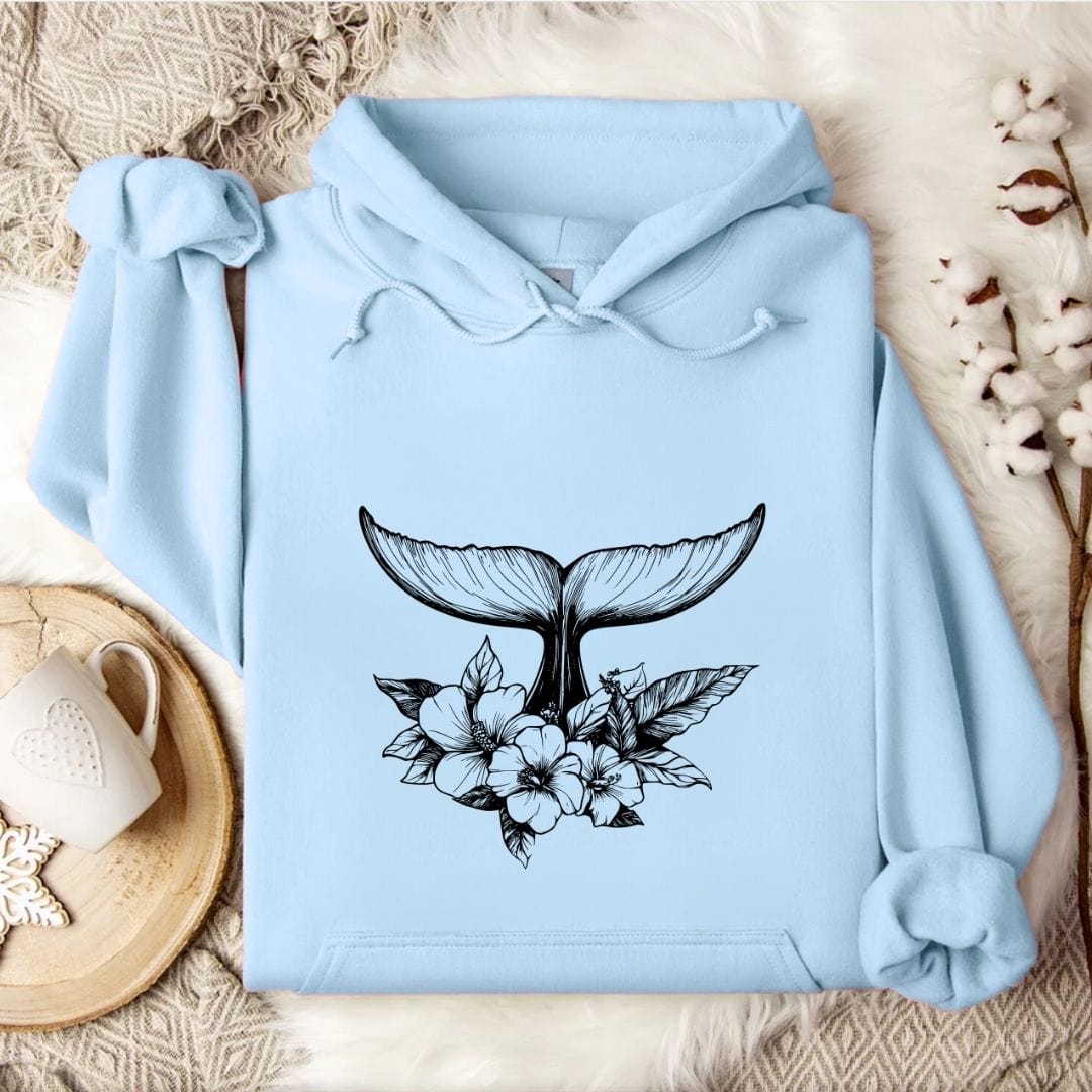 Floral Whale Tail Hoodie Light Blue / S