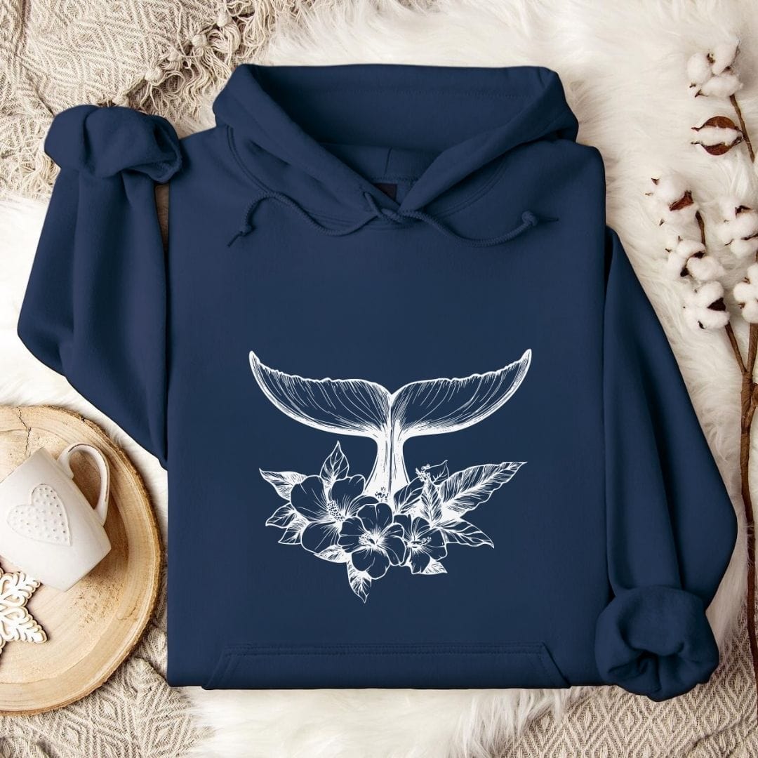 Floral Whale Tail Hoodie Navy / S