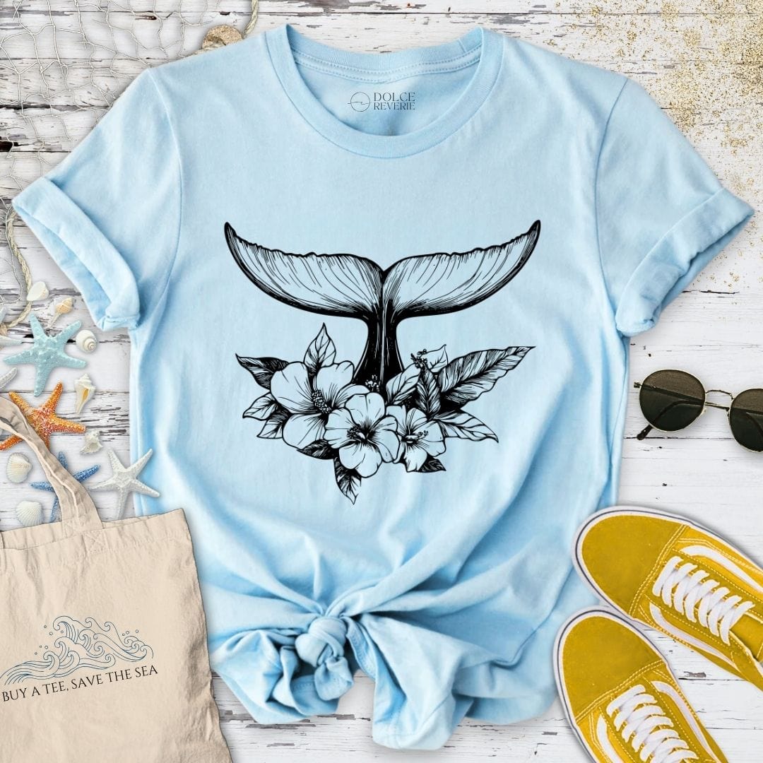 Floral Whale Tail T-Shirt Light Blue / S