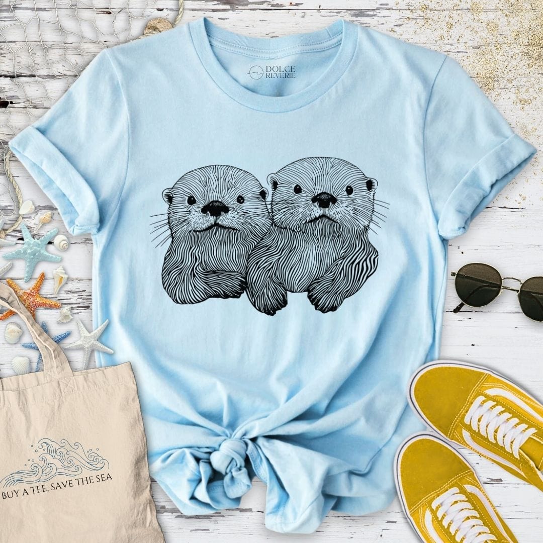 Happy Otters Line Art T-Shirt Light Blue / S
