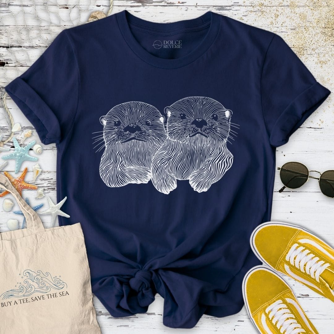 Happy Otters Line Art T-Shirt Navy / S