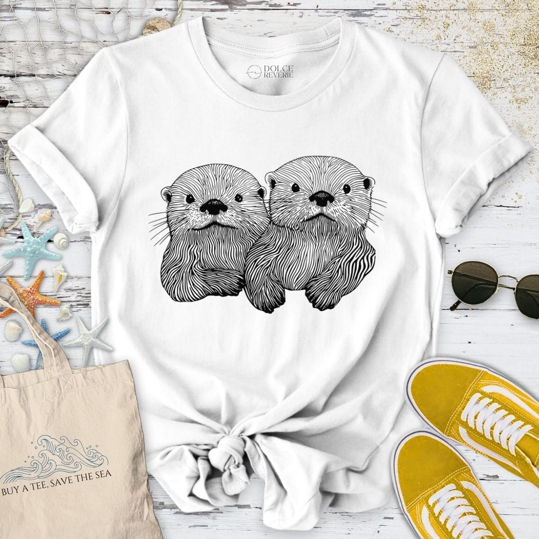 Happy Otters Line Art T-Shirt White / S