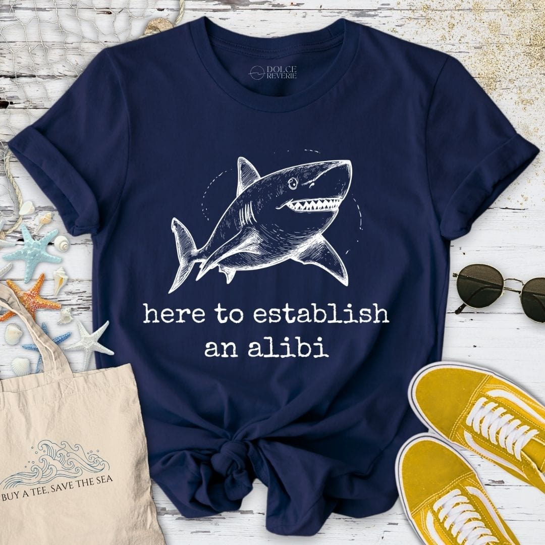 Here To Establish An Alibi Shark T-Shirt Navy / S