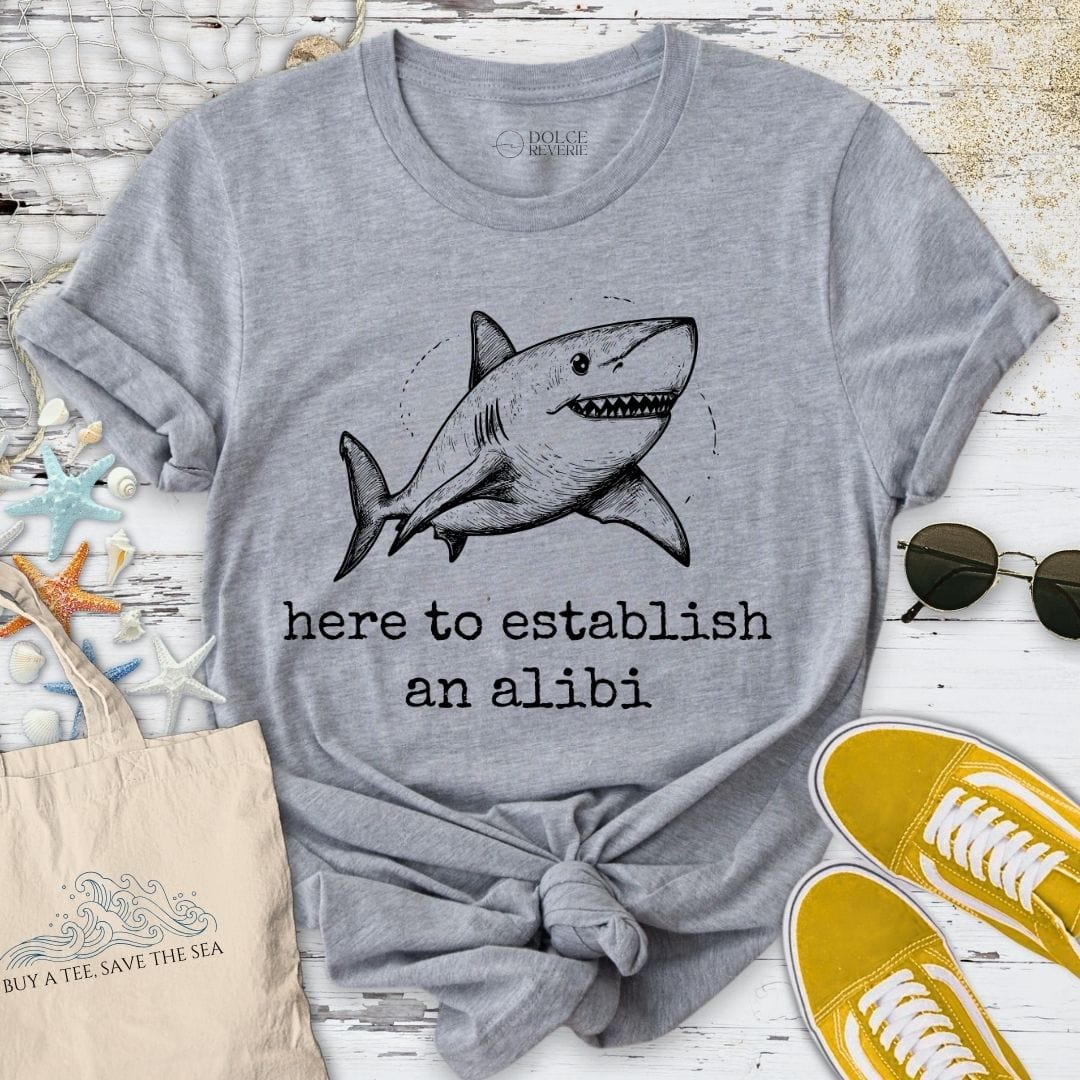 Here To Establish An Alibi Shark T-Shirt Sport Grey / S