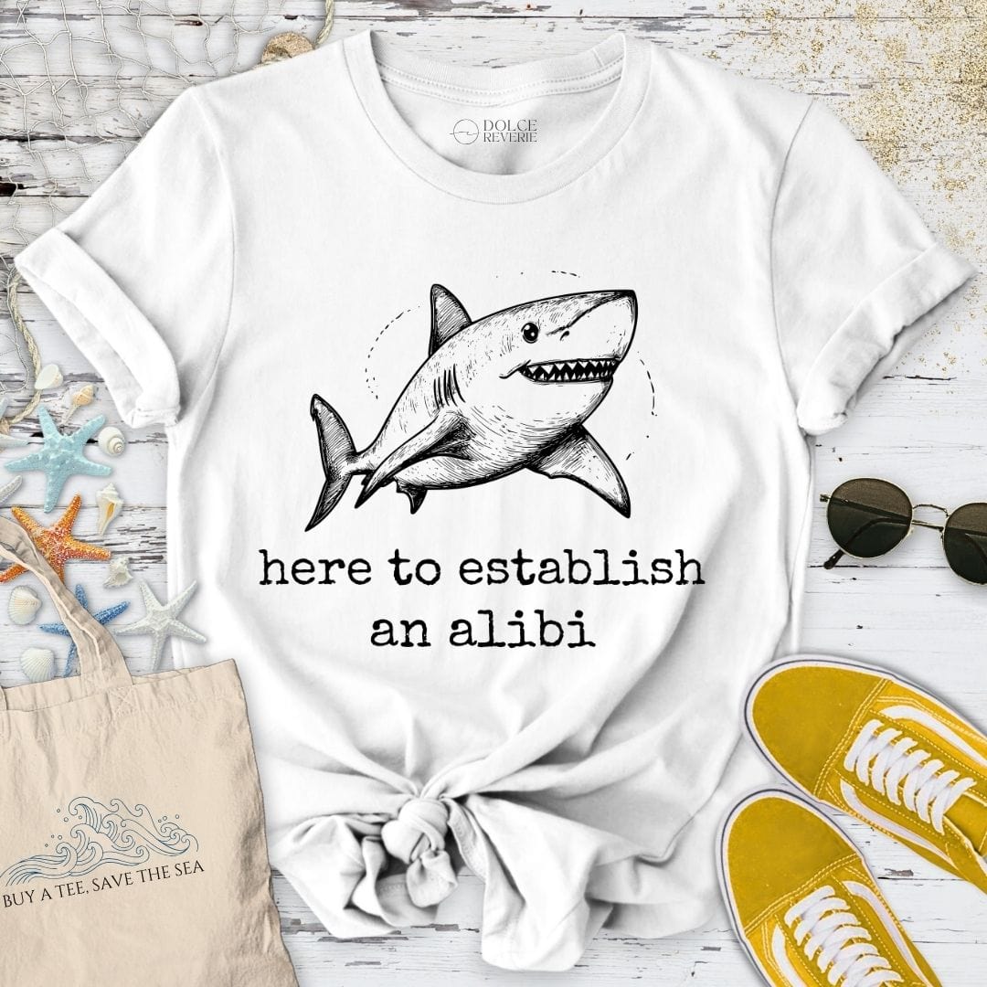 Here To Establish An Alibi Shark T-Shirt White / S