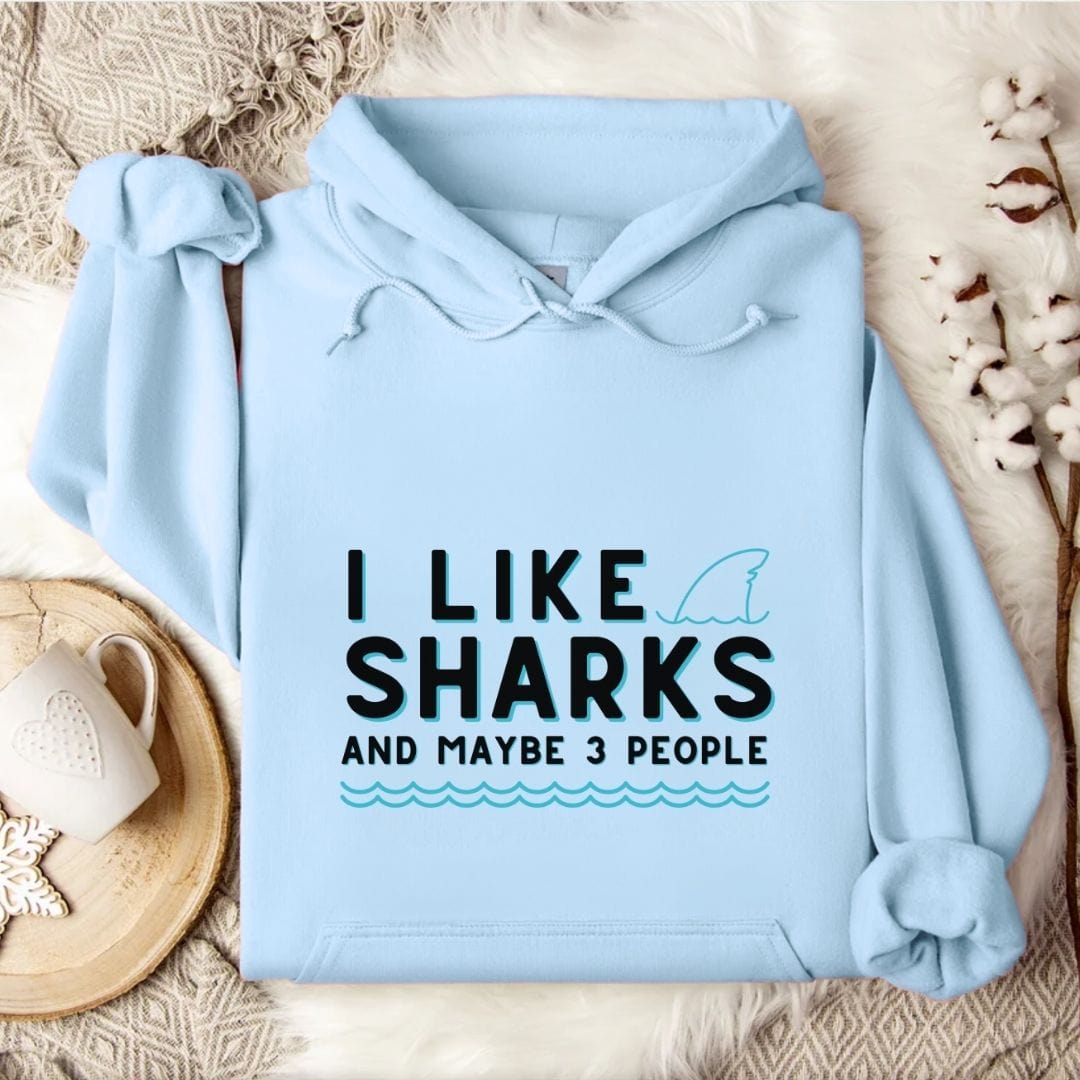 I Like Sharks & 3 People Hoodie Light Blue / S