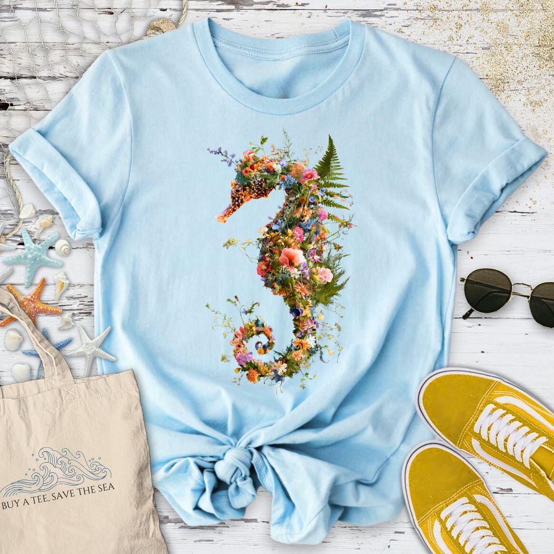 Floral Seahorse T-Shirt in Light Blue - Dolce Reverie