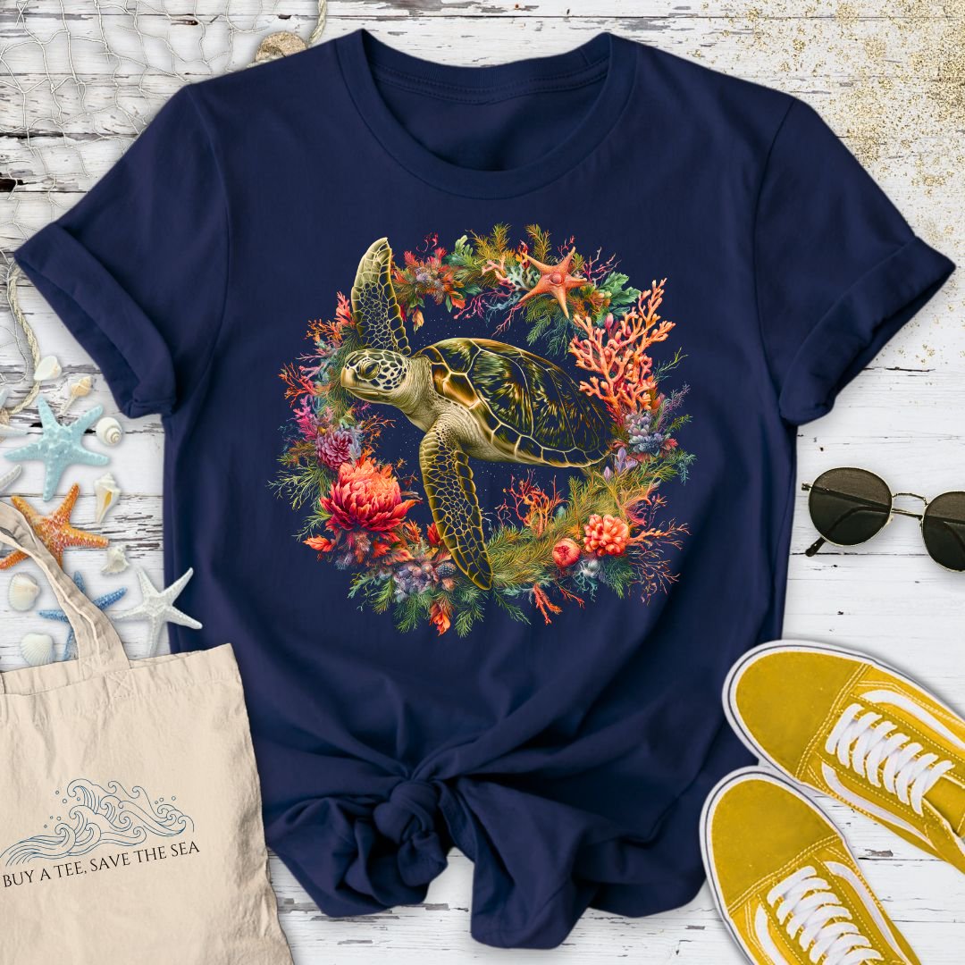 Coral Wreath Turtle T-Shirt in Navy - Dolce Reverie
