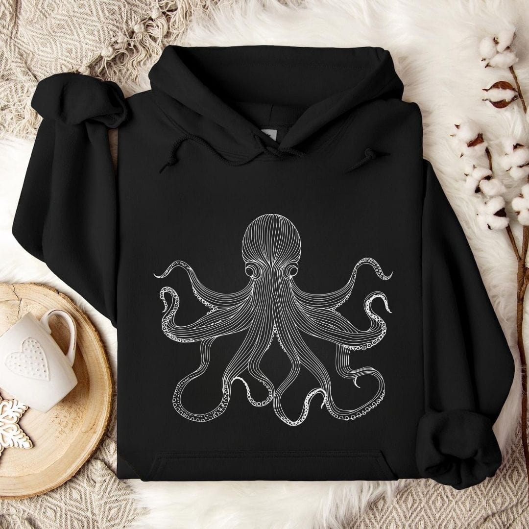 Octopus Line Art Hoodie Black / S