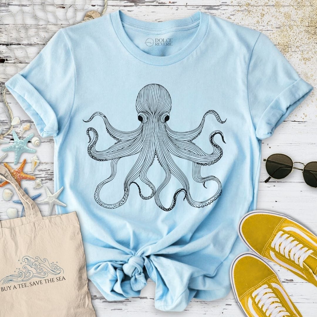Octopus Line Art T-Shirt Light Blue / S