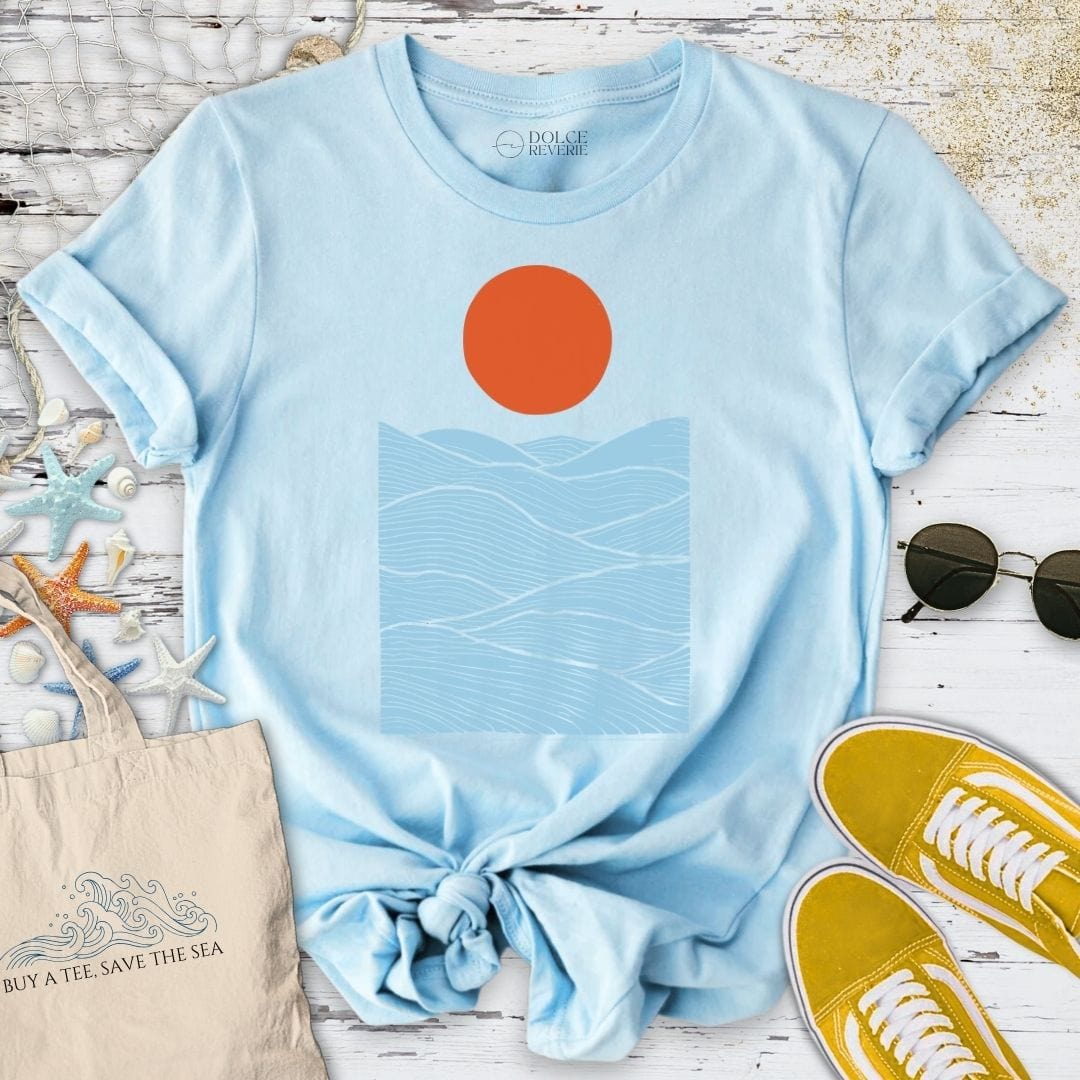 Red Sunset Over The Ocean T-Shirt Light Blue / S