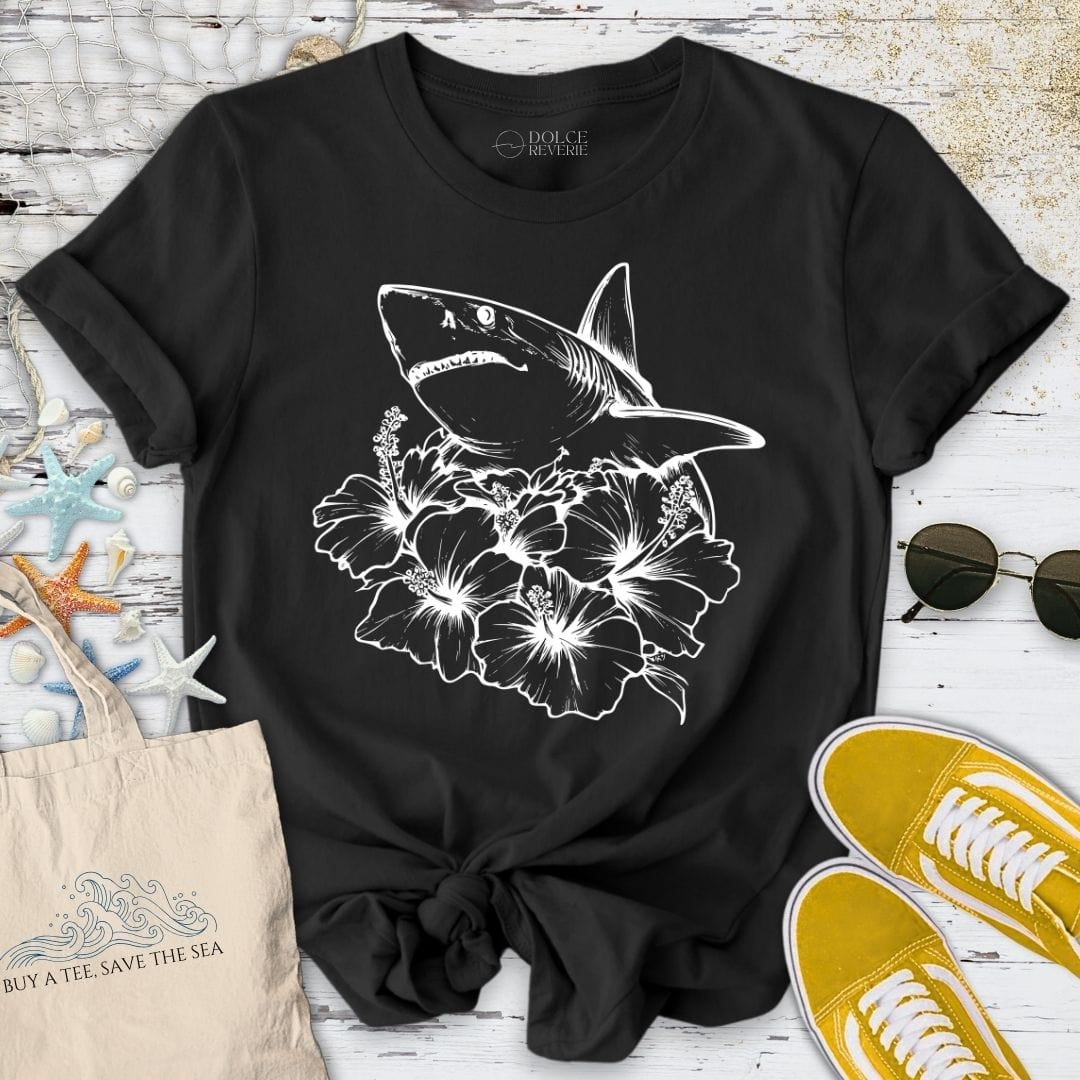 Shark Swimming in Flowers T-Shirt Black / S