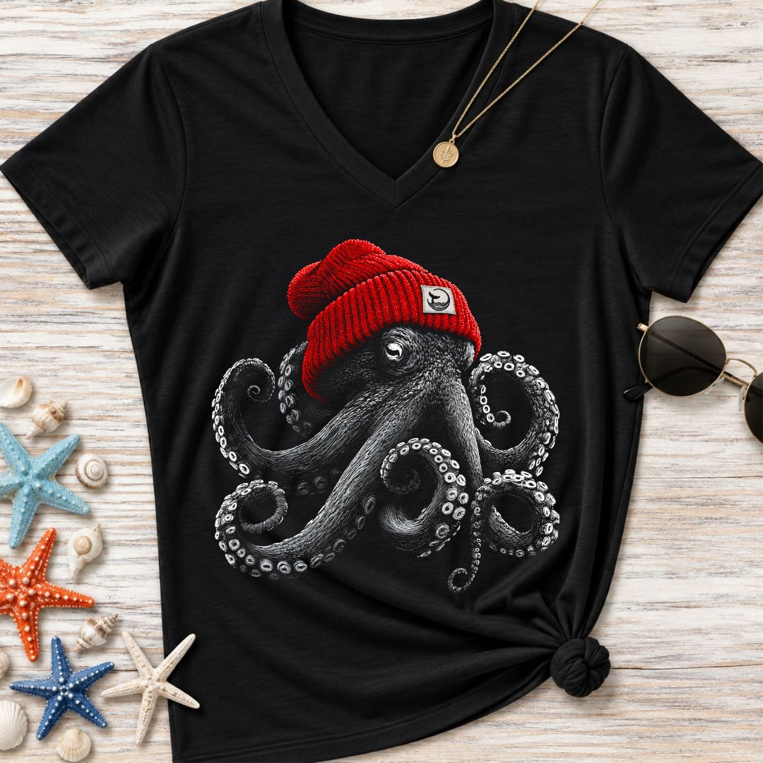 Red Beanie Octopus Women's V-Neck T-Shirt