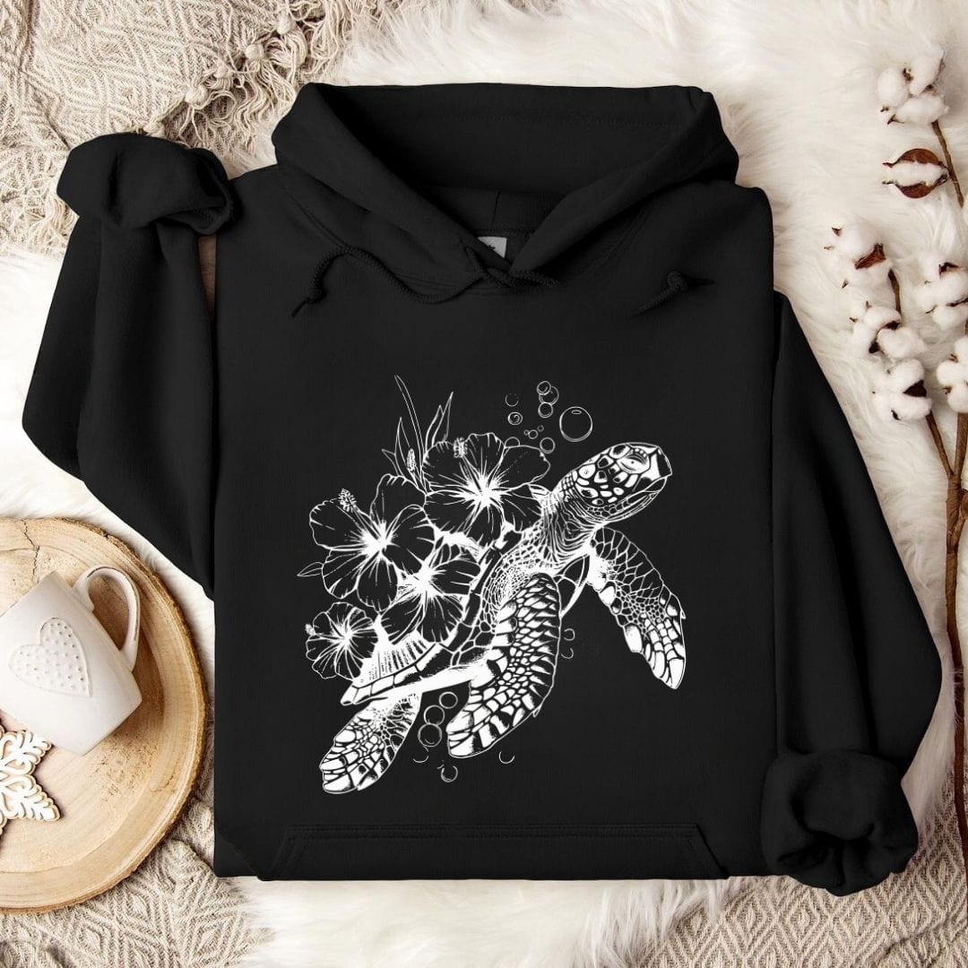 Turtle & Flowers Hoodie Black / S