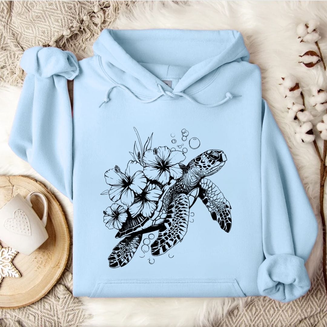 Turtle & Flowers Hoodie Light Blue / S