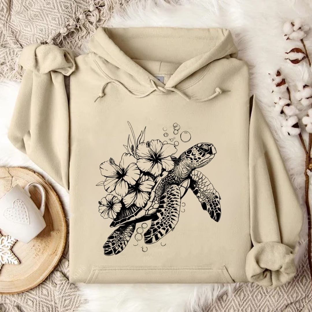 Turtle & Flowers Hoodie Sand / S