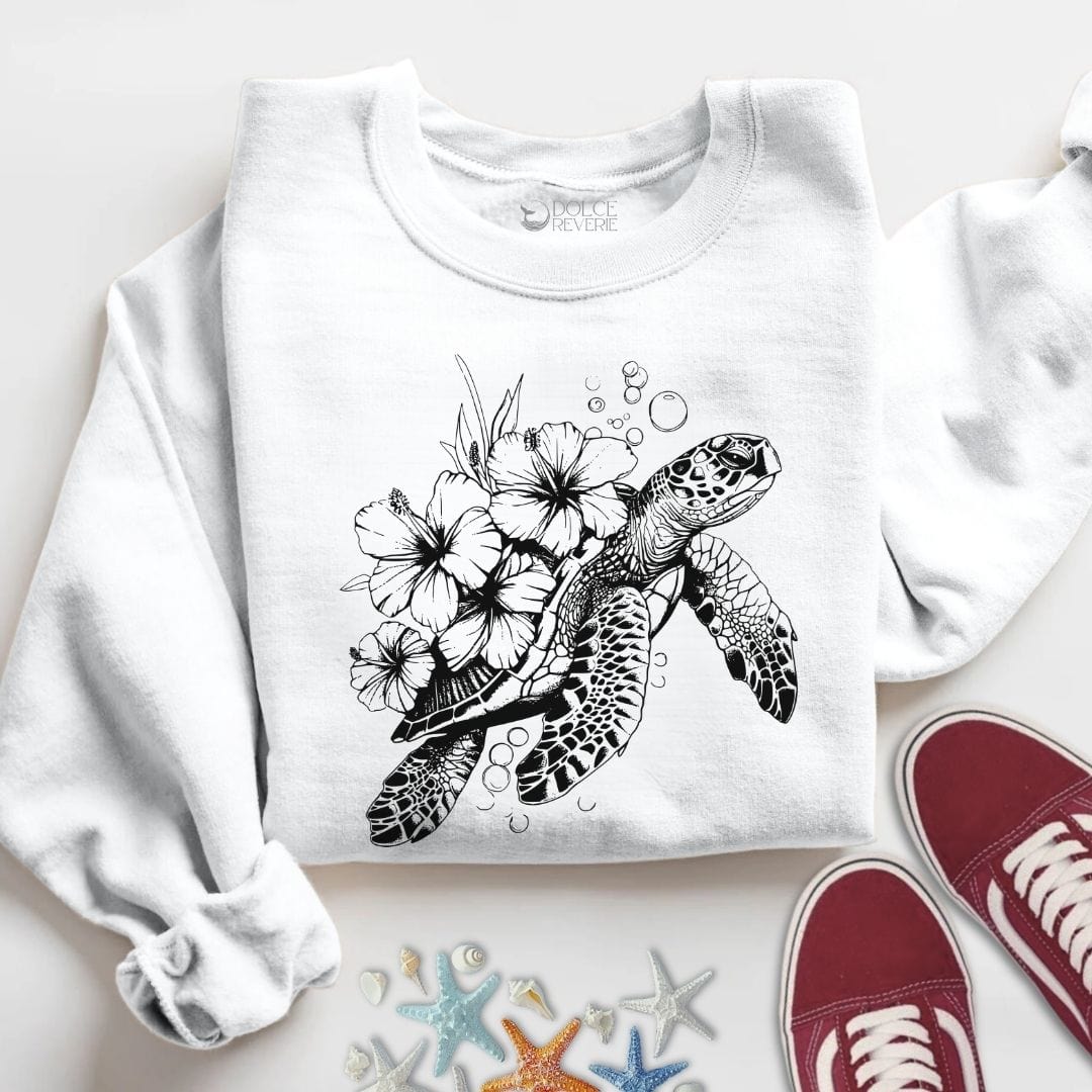 Turtle & Flowers Sweatshirt S / White
