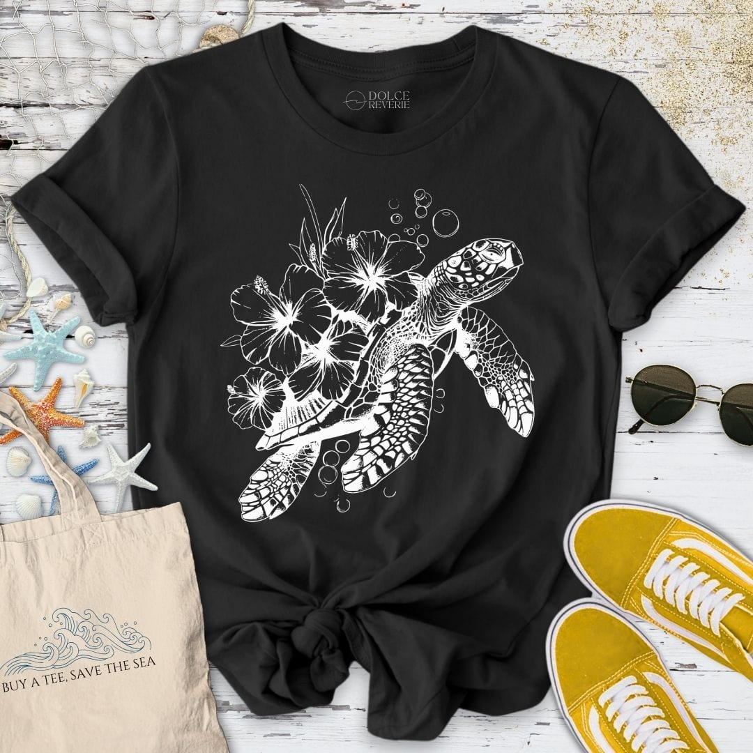 Turtle Flowers T-Shirt Black / S