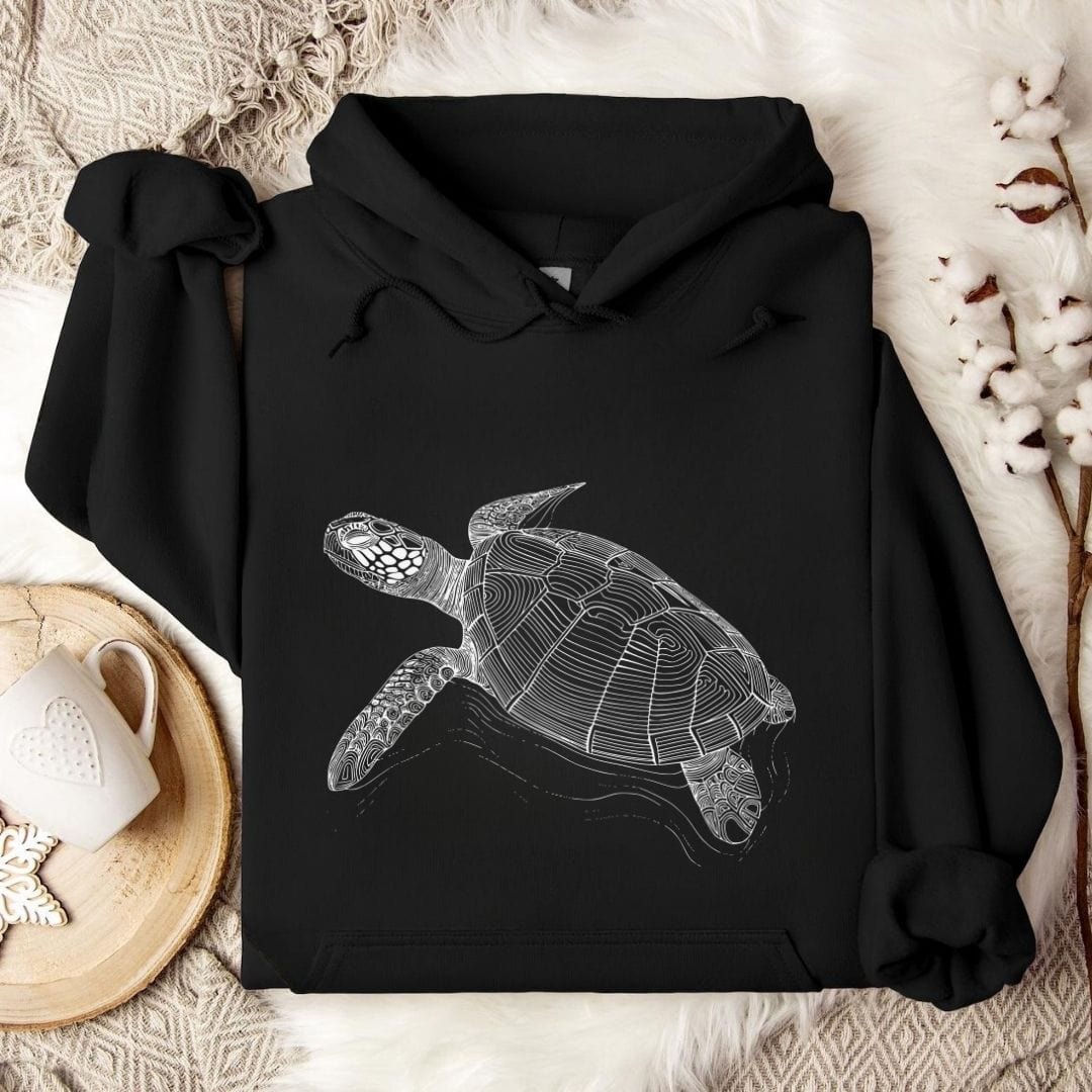 Turtle Line Art Hoodie Black / S