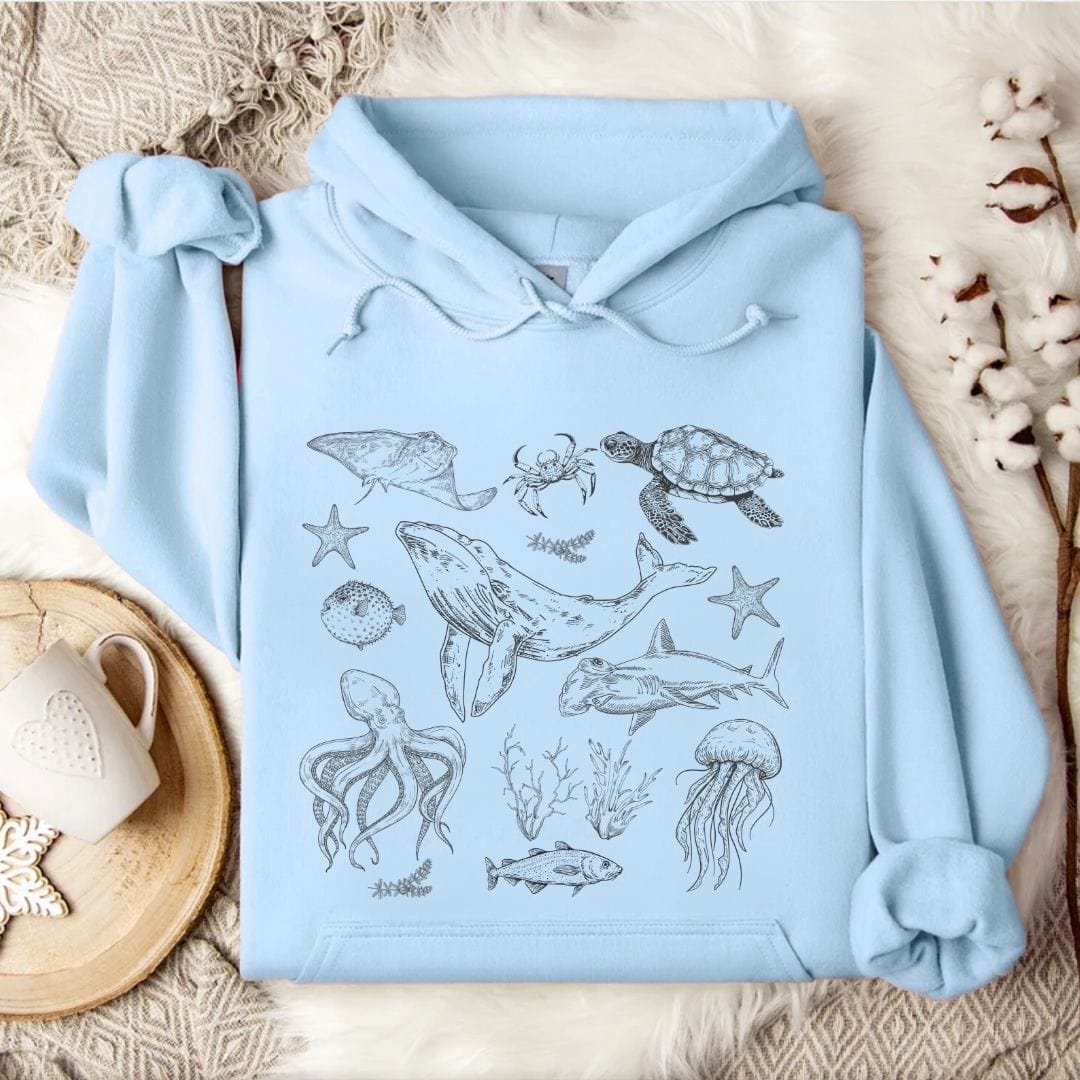 Vintage Marine Animals Hoodie Light Blue / S
