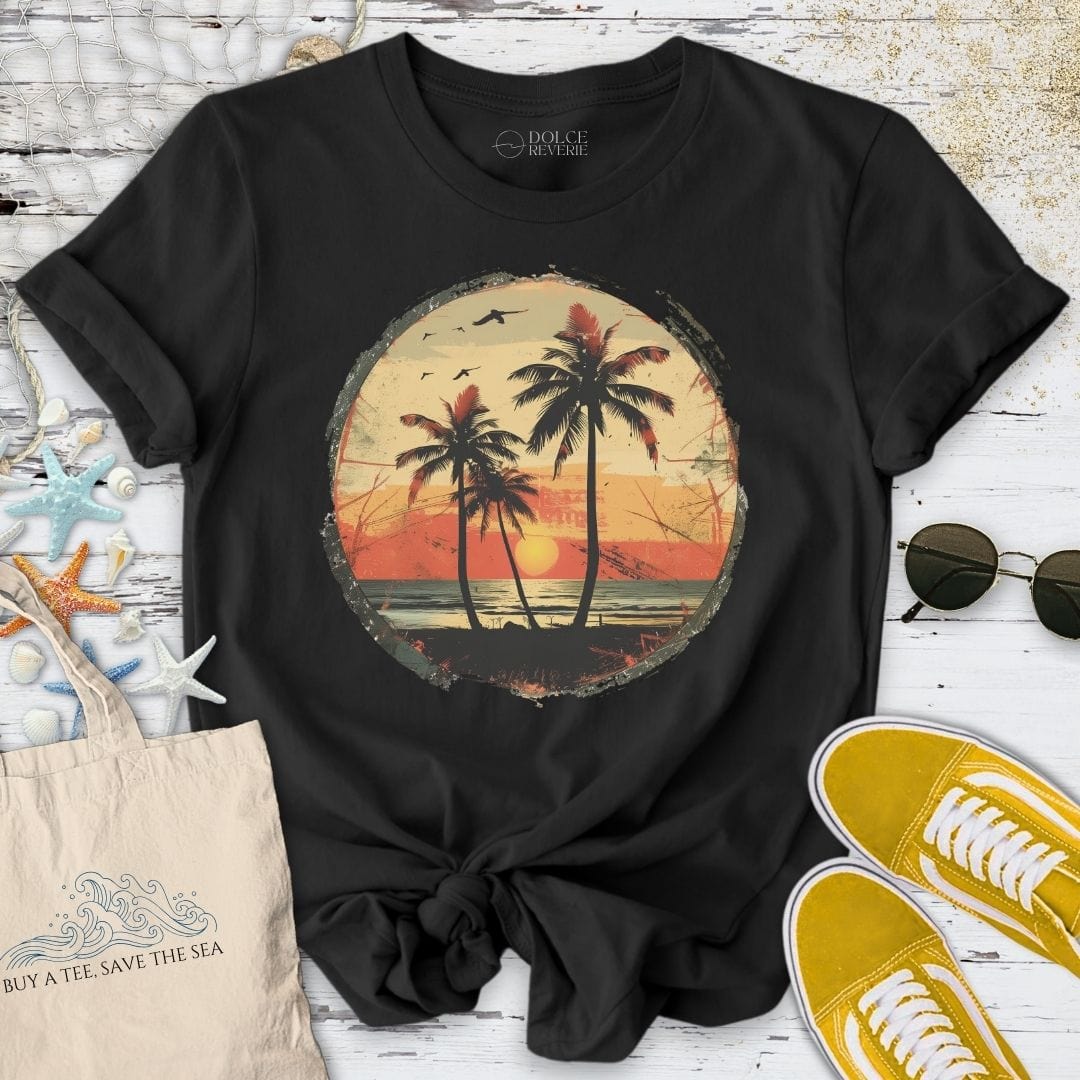 Vintage Tropical Seascape T-Shirt Black / S