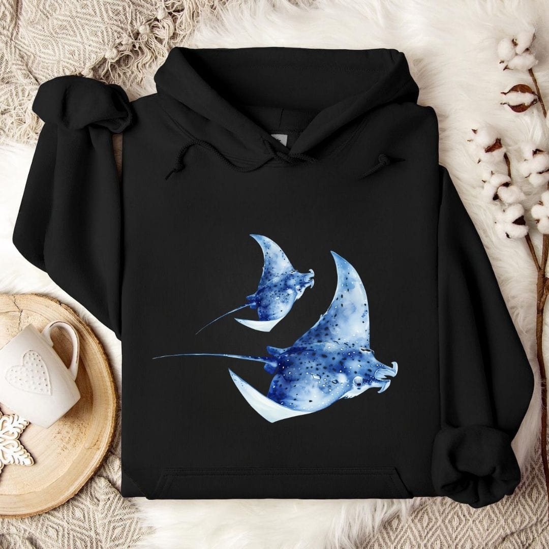 Watercolor Manta Rays Hoodie Black / S