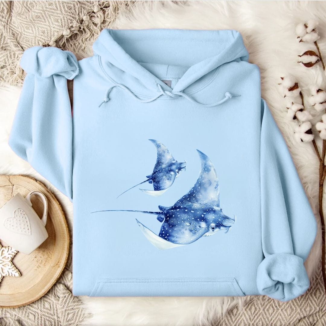 Watercolor Manta Rays Hoodie Light Blue / S