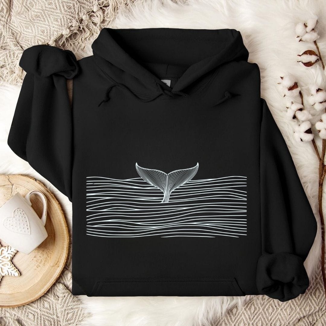 Whale in Sea Of Lines Hoodie Black / S