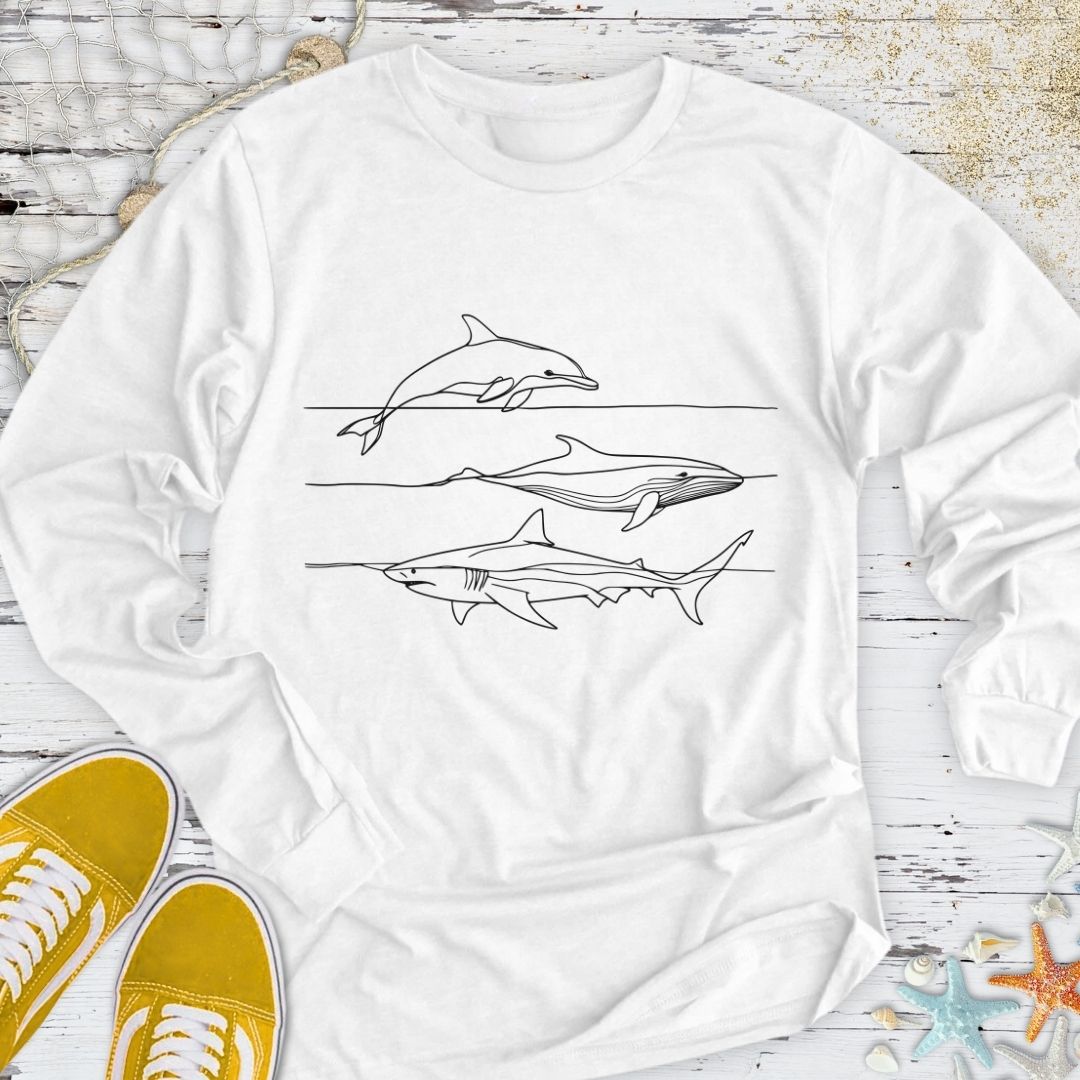 Dolphin, Whale, Shark Long Sleeve Tee in White - Dolce Reverie