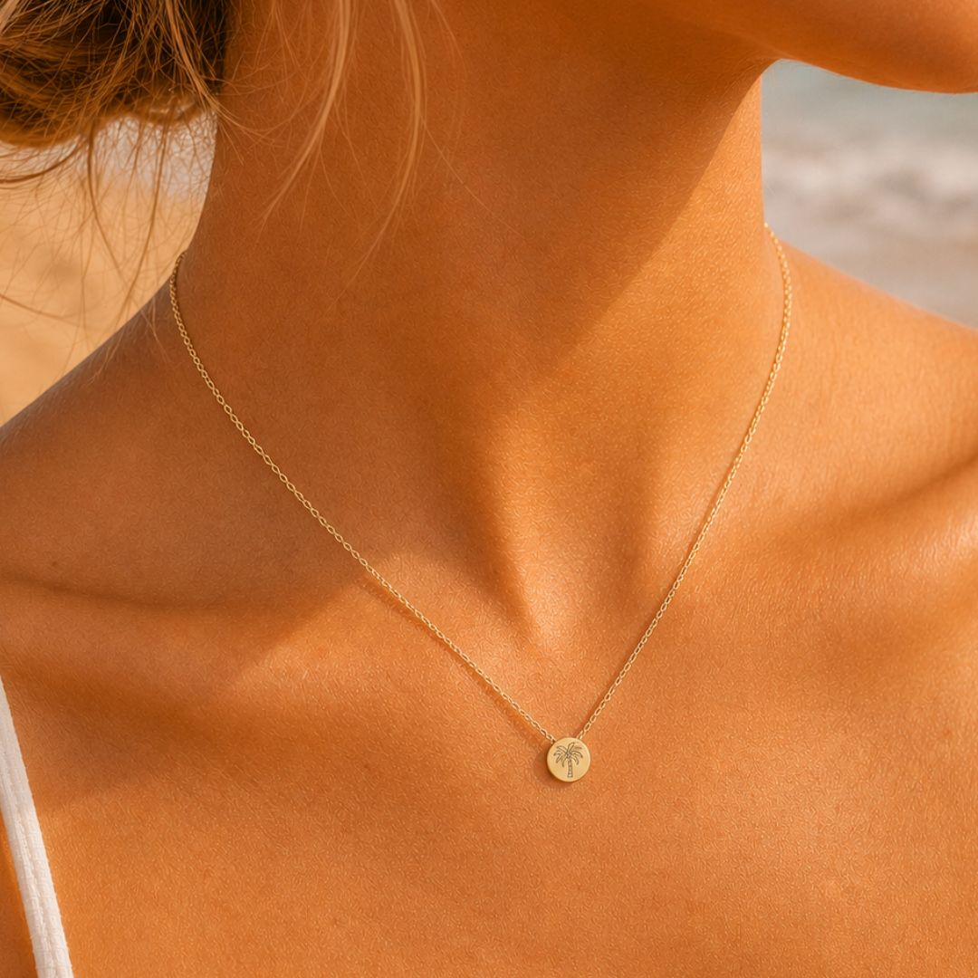Palm Tree Mini Engraved Circle Necklace