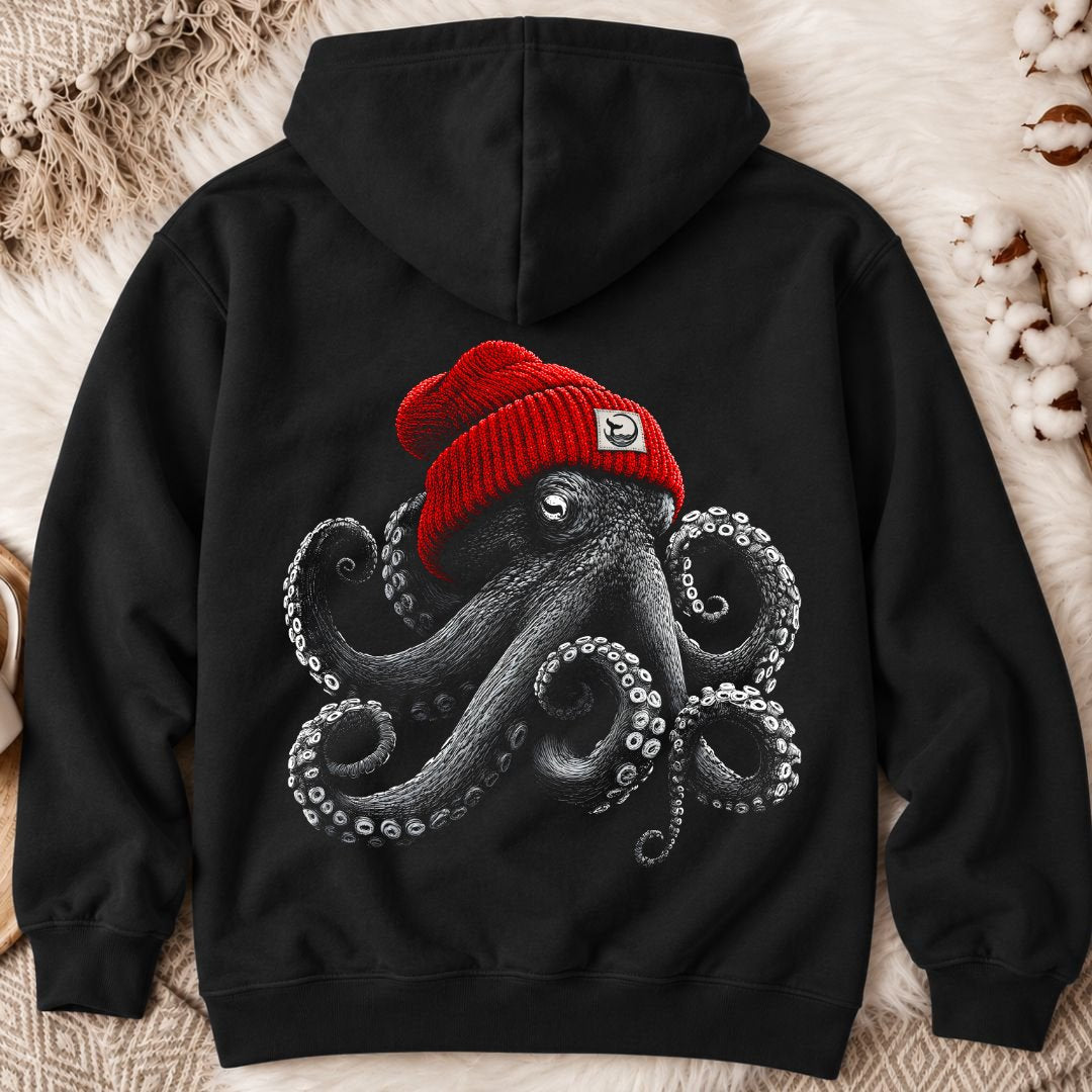 Red Beanie Octopus Back Print Hoodie