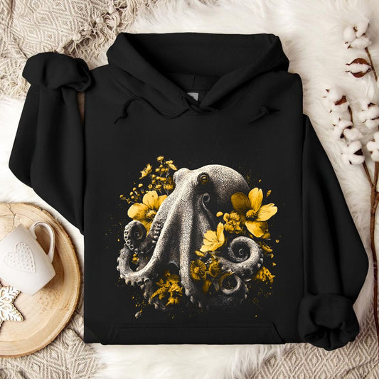Floral Octopus Hoodie in Black - Dolce Reverie