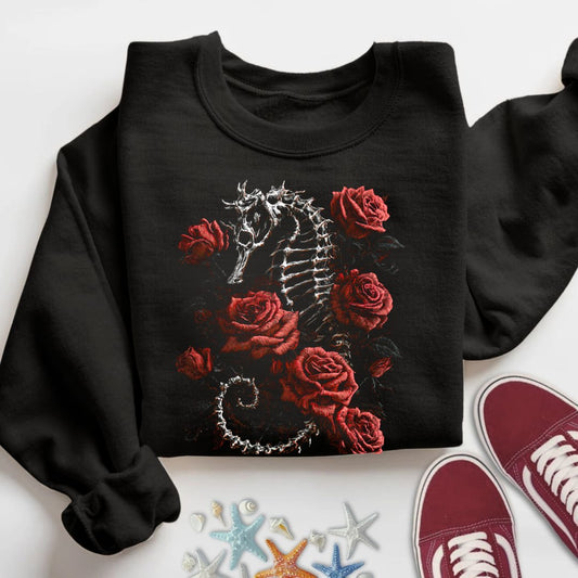Bed Of Roses Seahorse Sweatshirt in Black - Dolce Reverie