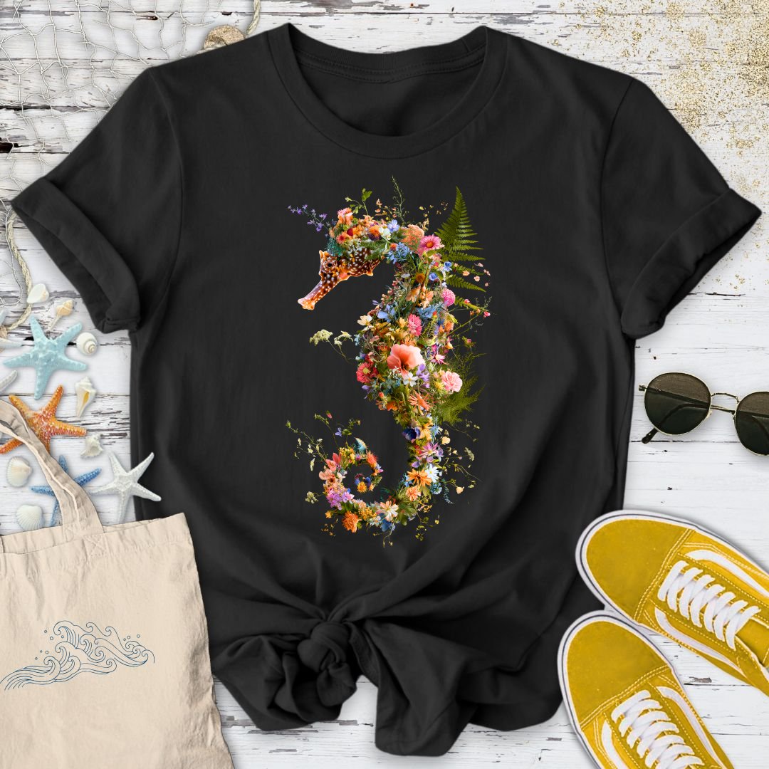 Floral Seahorse T-Shirt in Black - Dolce Reverie