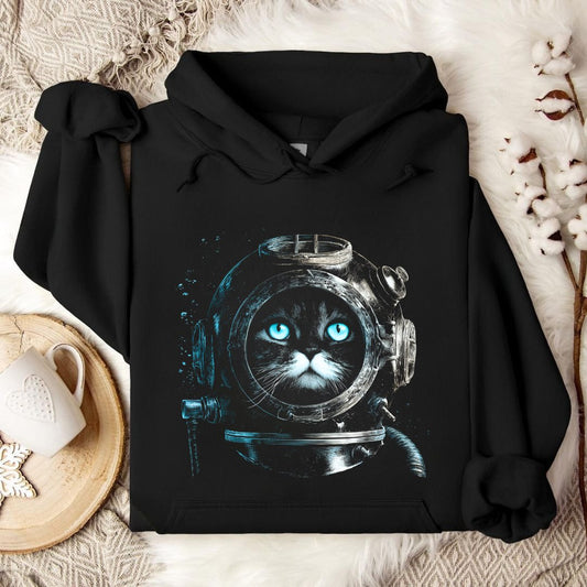 Deep Diver Cat Hoodie in Black - Dolce Reverie