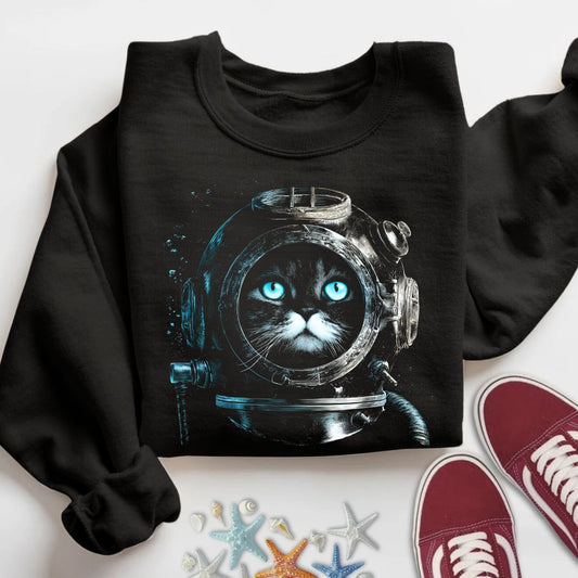 Deep Diver Cat Sweatshirt in Black - Dolce Reverie