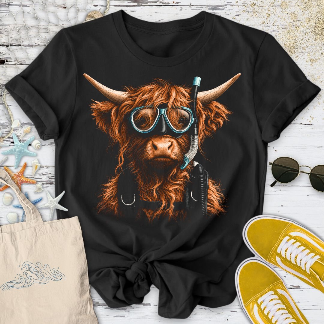 Scuba Diver Highland Cow T-Shirt in Black - Dolce Reverie